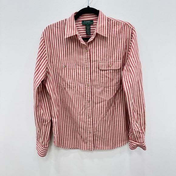 Lauren Ralph Classic Oxford Button Down Shirt Pearl Snap Red White Striped - Picture 1 of 6